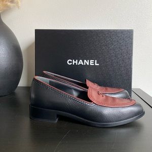Chanel 20K Black Brown Calf Leather CC Logo Mule Slip On Flat Penny Loafer 36